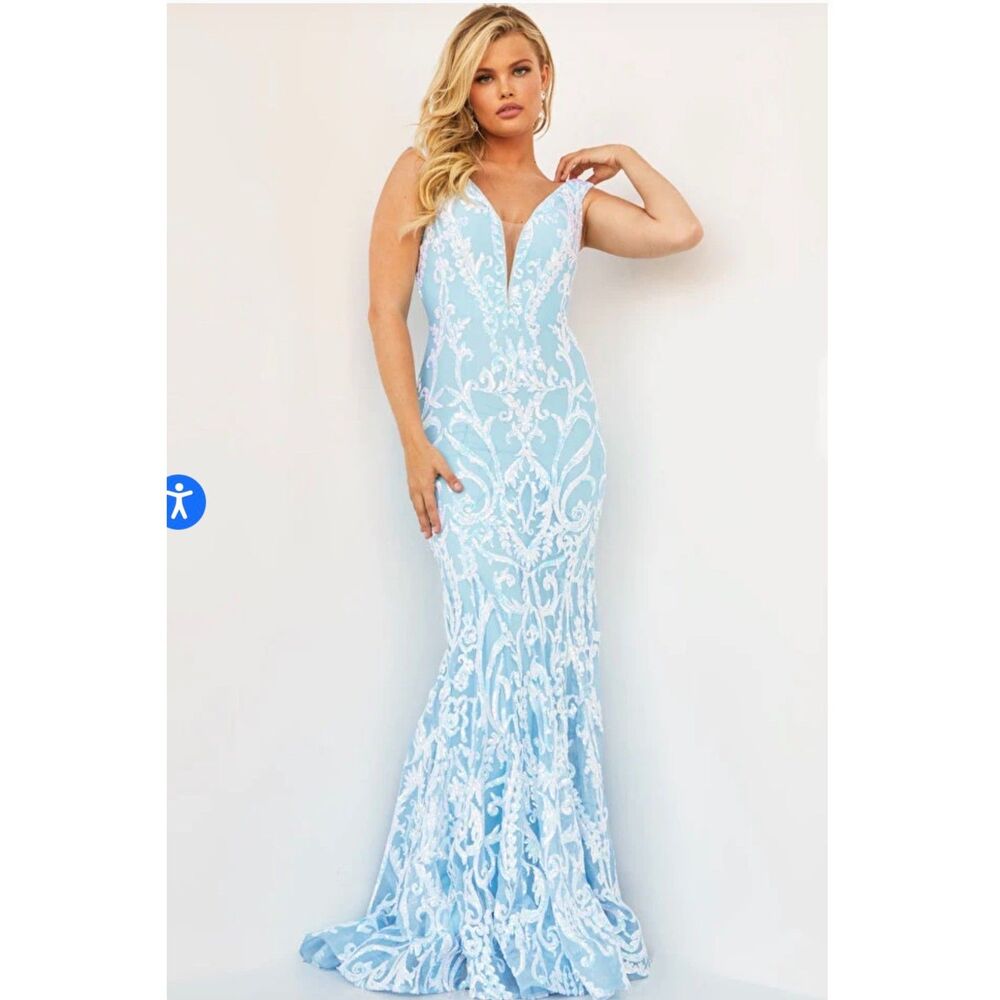 Jovani Light Blue and White Backless Mermaid Gown